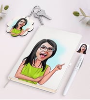 BK Gift Kişiye Özel Kadın Karikatürlü Beyaz Defter Kalem ve Anahtarlık Hediye Seti-19 (Model 1)