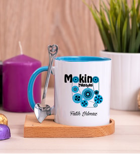 Makine Teknisyeni Ahşap Altlıklı Mavi Kupa Bardak