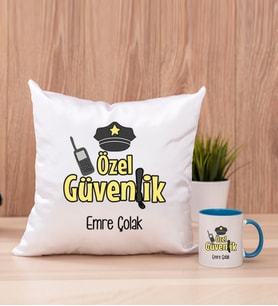 Özel Güvenlik Kare Yastık ve Mavi Kupa Bardak