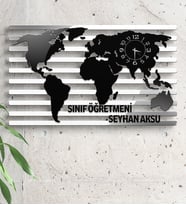 BK Gift Kişiye Özel Öğretmen Dünya Haritası Ahşap Duvar Saati  2