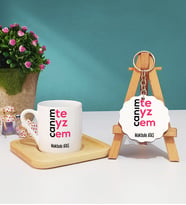 Teyzeye Hediye Canım Teyzem Tasarımlı Kişiye Özel Teyze Ahşap Altlıklı Türk Kahvesi Fincanı ve Anahtarlık Seti