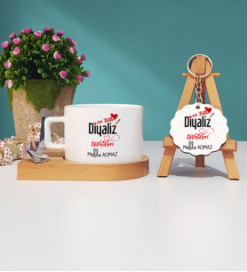 Mesajlı Diyaliz Teknikeri Hediye Ahşap Altlıklı Fincan ve Anahtarlık Hediye Seti