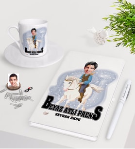 BK Gift Kişiye Özel Beyaz Atlı Prens Karikatürlü Beyaz Defter Kalem Türk Kahvesi Fincanı Seti-3 (Model 1)