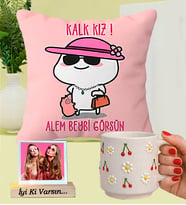Kişiye Özel Fotoğraflı Kalk Kız Alem Beybi Görsün Yastık & El Yapımı Kiraz Kupa