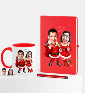 BK Gift Kişiye Özel Yılbaşı Sevgililer Karikatürlü Kırmızı Defter Kalem Kupa Seti - 3
