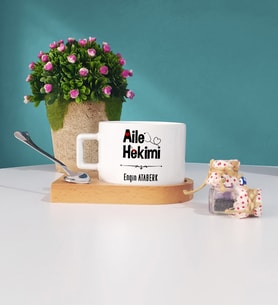 Aile Hekimi Tasarımlı Hediye Aile Hekimi Ahşap Altlıklı Fincan