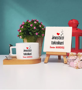 Anestezi Teknikeri Hediye Ahşap Altlıklı Fincan ve Dekoratif Taş Baskı Hediye Seti