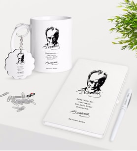 BK Gift Kişiye Özel Atatürk Öğretmen Kupa Anahtarlık Beyaz Defter Kalem Hediye Seti-2 (Model 1)