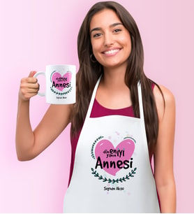 BK Gift Kişiye Özel Dünyanın En İyi Annesi Mutfak Önlüğü Kupa Seti - 11 (Beyaz)