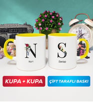 İkili Kişiye Özel Baş Harf ve İsim Yazılı Kupa Bardak Sarı