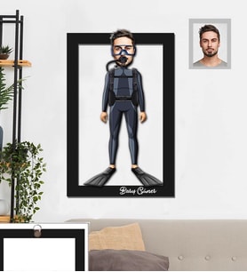 Kişiye Özel Dalgıç Karikatürlü 3D Ahşap Tablo 30x47  Bay-1