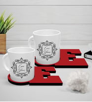 BK Gift Kişiye Özel İkili Beyaz Kupa ve Harfli Kırmızı Bardak Altlığı Seti