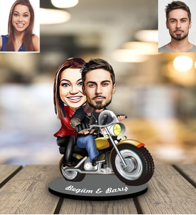 Kişiye Özel Motorcu Sevgili Karikatürlü Ahşap Biblo Model 1
