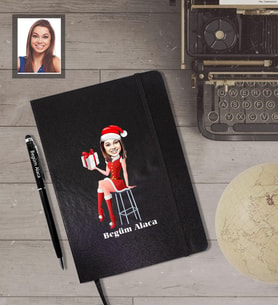 Kişiye Özel Yılbaşı Bayan Karikatürlü Siyah Defter Kalem Hediye Seti Model-5
