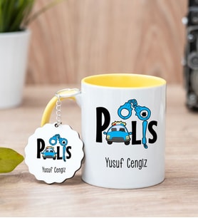 Polis Tasarım Sarı Kupa Bardak Ve Anahtarlık Set