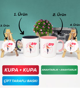 İkili Siyah Pembe Sevgiliye Sevgililer Günü Hediyesi 2 Kupa Bardak Anahtarlık