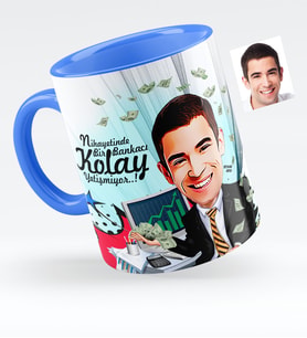 BK Gift Kişiye Özel Bay Bankacı Karikatürlü Mavi Kupa Bardak  1