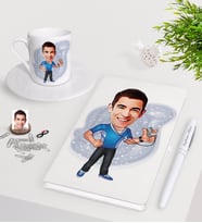 BK Gift Kişiye Özel Erkek Antrenör Karikatürlü Beyaz Defter Kalem Türk Kahvesi Fincanı Seti-1 (Model 1)