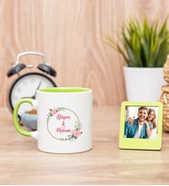 İki İsimli Çiftere Özel Yeşil Kupa Bardak ve Yeşil Mini Fotoğraf Çerçevesi