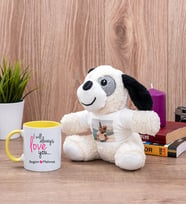 Sevgililere Özel Baskılı Sarı Kupa Bardak ve Peluş Köpek