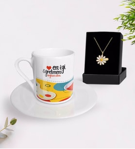 BK Gift Kişiye Özel En İyi Öğretmen Türk Kahvesi Fincanı ve İsimli Papatya Kolye Hediye Seti-4 (Model 1)