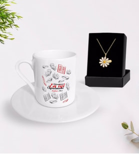 BK Gift Kişiye Özel Dünyanın En İyi Öğretmeni Türk Kahvesi Fincanı ve İsimli Papatya Kolye Hediye Seti-7 (Model 1)