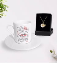 BK Gift Kişiye Özel Dünyanın En İyi Öğretmeni Türk Kahvesi Fincanı ve İsimli Papatya Kolye Hediye Seti-7 (Model 1)