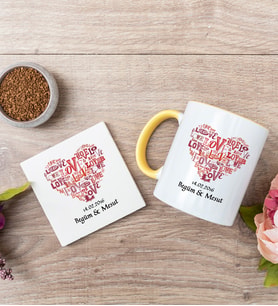 Love Tasarım Hediyelik Sarı Kupa Bardak Ve Bardak Altlığı Seti
