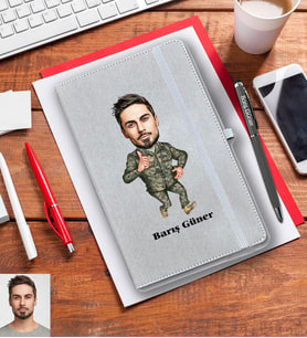 Kişiye Özel Asker Karikatürlü Gri Defter Kalem Hediye Seti Bay-4