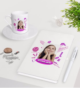 BK Gift Kişiye Özel Fotoğraflı Doğum Günü Beyaz Defter Kalem Türk Kahvesi Fincanı Seti-4 (Model 1)