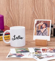 Kişiye Özel İsim Yazılı Beyaz Kupa Bardak ve Ahşap Standlı Polaroid Set
