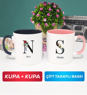 İkili Kişiye Özel Baş Harf ve İsim Yazılı Kupa Bardak Siyah Pembe