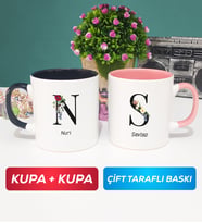 İkili Kişiye Özel Baş Harf ve İsim Yazılı Kupa Bardak Siyah Pembe