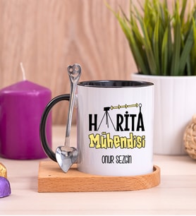 Harita Mühendisi Ahşap Altlıklı Siyah Kupa Bardak