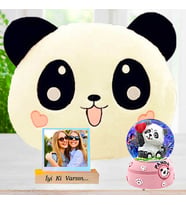 Kişiye Özel Sevimli Panda 3D Yastık Ve Işıklı Kar Küresi Doğum Günü Hediye