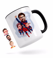 BK Gift Kişiye Özel Süper Baba ve 2 Çocuk Karikatürlü Siyah Kupa Bardak