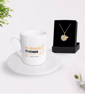BK Gift Kişiye Özel Fen Bilimleri Öğretmeni Türk Kahvesi Fincanı ve İsimli Papatya Kolye Hediye Seti-4 (Model 1)