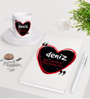 BK Gift Kişiye Özel İsim Anlamı Beyaz Defter Kalem Türk Kahvesi Fincanı Seti-4 (Model 1)