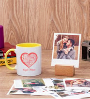 Kişiye Özel Kalpli Sarı Kupa Bardak ve Ahşap Standlı Polaroid Set