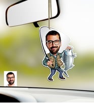 BK Gift Kişiye Özel Bay Balıkçı Karikatürlü Ahşap Araba Dikiz Ayna Süsü (Çok Renkli)
