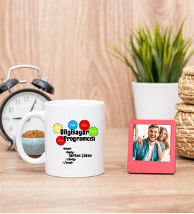 Bilgisayar Programcısı Beyaz Kupa Bardak ve Kırmızı Mini Fotoğraf Çerçevesi