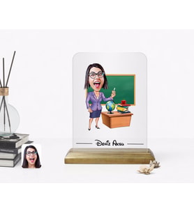 BK Gift Kişiye Özel Kadın Öğretmen Karikatürlü Ahşap Standlı Çerçeve-1 (Beyaz)