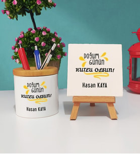 Doğum Günün Kutlu Olsun Tasarımlı Doğum Günü Hediyesi Kalemlik ve Dekoratif Taş Baskı Seti