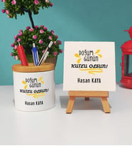 Doğum Günün Kutlu Olsun Tasarımlı Doğum Günü Hediyesi Kalemlik ve Dekoratif Taş Baskı Seti