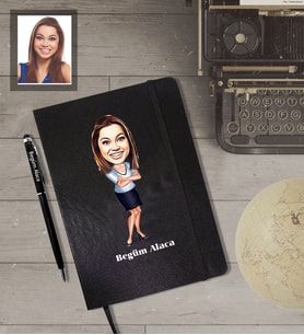 Kişiye Özel Öğretmen KarikatürlüSiyah Defter Kalem Hediye Seti  Bayan-5