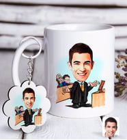 BK Gift Kişiye Özel Erkek Avukat Karikatürlü Beyaz Kupa ve Anahtarlık Hediye Seti-3 (Model 1)