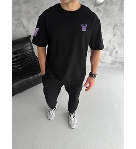 pilelistore- Unisex Bisiklet Yaka Baskılı Oversize T-Shirt - Siyah