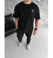 pilelistore- Unisex Bisiklet Yaka Baskılı Oversize T-Shirt - Siyah