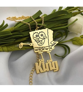 Kişiye Özel 925 Ayar Gümüş Tasarım Spongebob Süngerbob Detaylı İsim Kolye (Gold)