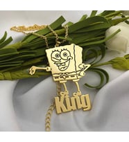 Kişiye Özel 925 Ayar Gümüş Tasarım Spongebob Süngerbob Detaylı İsim Kolye (Gold)